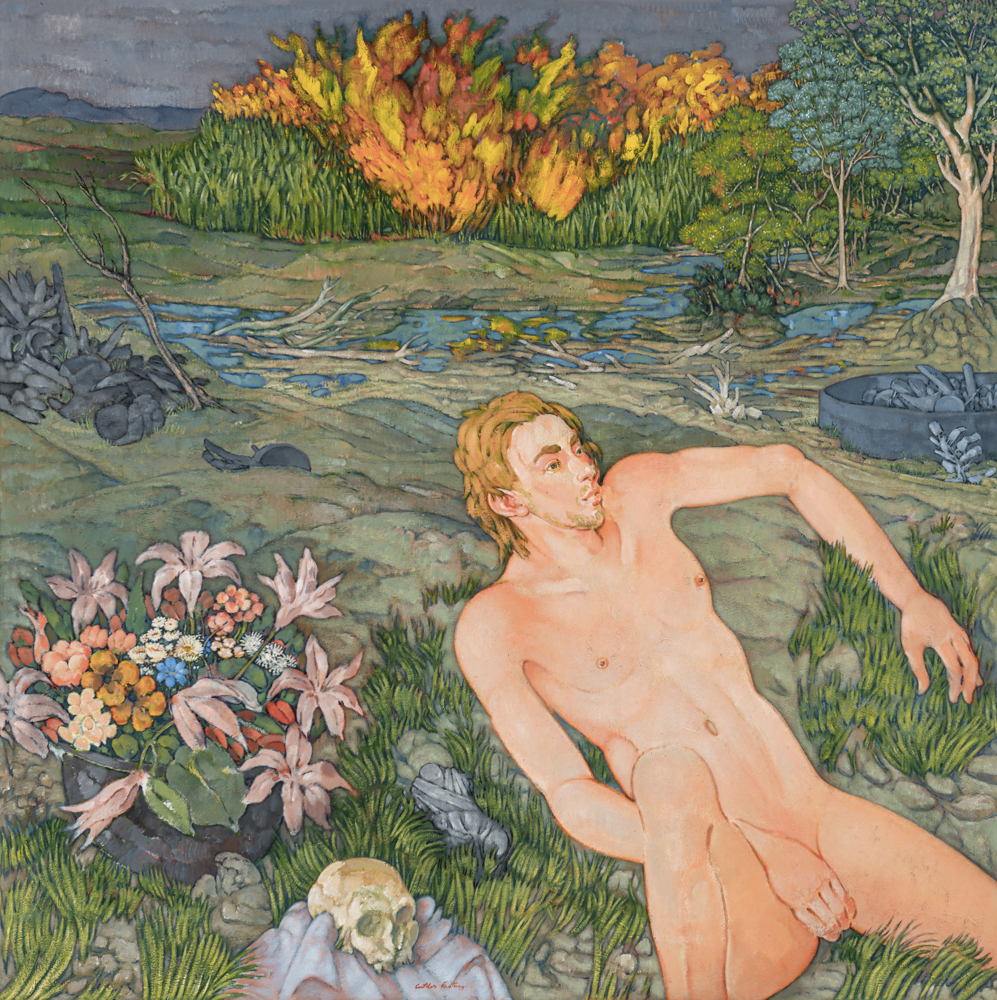 A painting of a slim, unclothed, pale-skinned and blonde-haired person reclines in the lower right foreground of a landscape with a tall cane field in the far background half on fire under a dark sky.